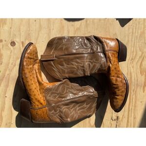 Men's Ostrich Leather Cowboy Boots Brown Western Style Size 4.5 Made in Italy